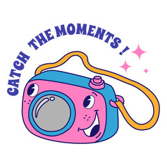 Photo camera. travel, camping and hiking vector illustration in Retro Groovy style