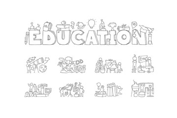 Education subjects icons with symbols of math, physics, astronomy and chemistry. Vector cartoon set of art, music, technology, sport and literature lessons and students. People with education equipmen