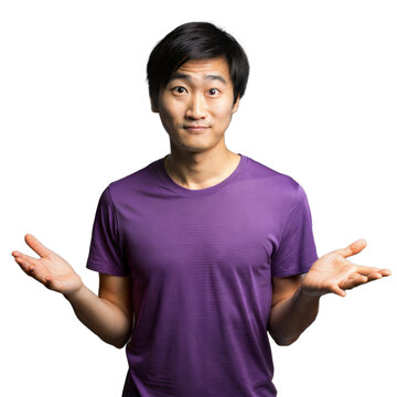 Confused man shrugging in purple shirt on transparent background