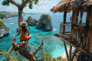 A woman enjoys a serene view of the turquoise sea from a tree, with a straw hut in the foreground