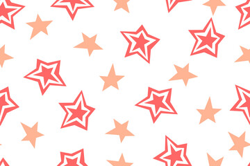 Obraz premium Seamless pattern with pink and red stars on a white background. Asymmetrical and double stars. Vector illustration.