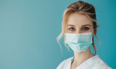 The illustration features a healthcare professional in a surgical mask, symbolizing safety and medical care during the pandemic. The blue background enhances the images message of health protection