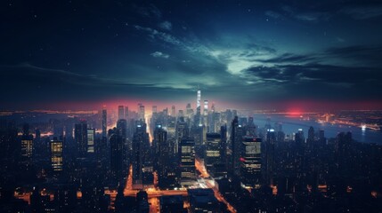 Obraz premium A mesmerizing night cityscape featuring illuminated skyscrapers against the skyline