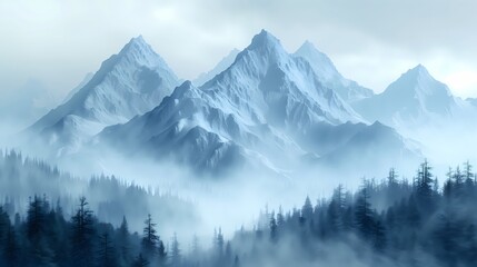 Mountains blanketed in fog, with the mist creating a mystical and ethereal scene, the quiet beauty of nature