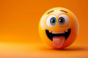 Fototapeta premium 3D yellow laughing emoji with big eyes and tongue out on orange background