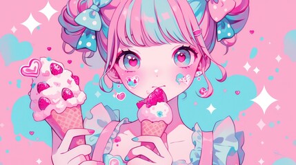 A cute kawaii style character holding an ice cream cone