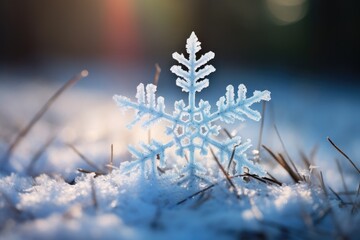 A single snowflake rests on a layer of fresh snow, sparkling in the light.