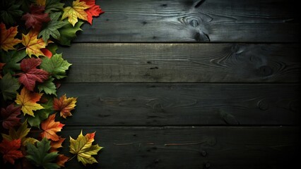 Fototapeta premium a collection of vibrant fall leaves arranged against a backdrop of dark wooden planks to form a charming seasonal corner decoration