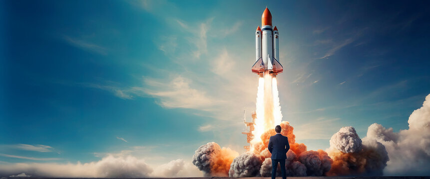 A man watches a rocket take off, concept of prices and charts taking off.