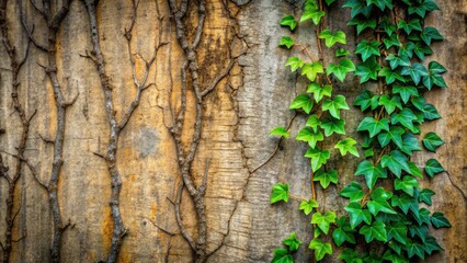 A wall covered in ivy next to a weathered, textured section.