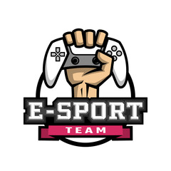 The hand holds the controller. E-sport logo.