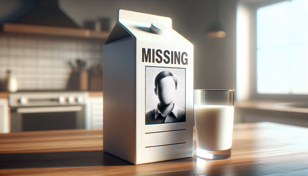 Milk carton with missing person notice on kitchen bench. Room for inserting face.