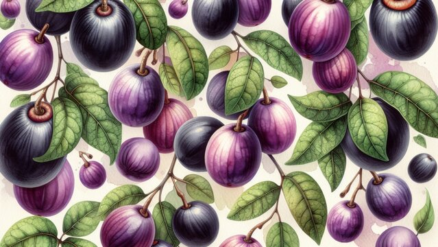 Watercolor java plum pattern on a white background