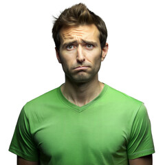 Fototapeta premium Man with uncertain expression in green shirt on transparent background