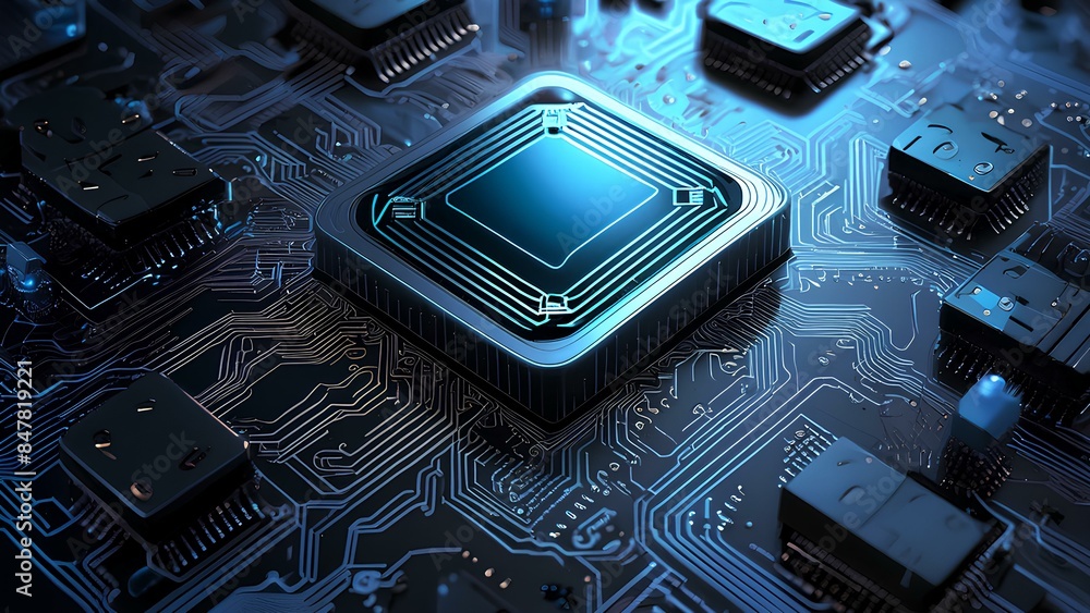 Poster microcircuits with wiring on an electronic board. ai, artificial intelligence concept, electronics a