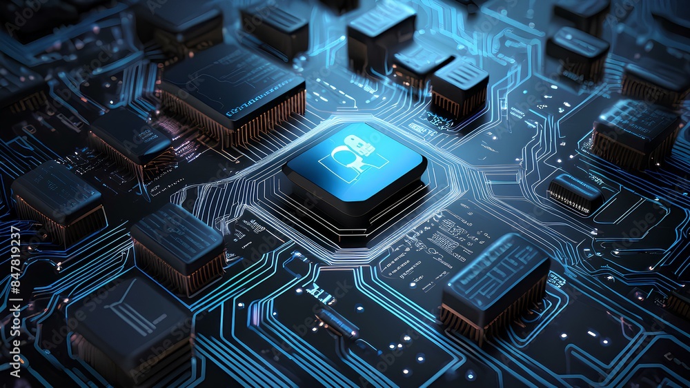 Poster microcircuits with wiring on an electronic board. ai, artificial intelligence concept, electronics a