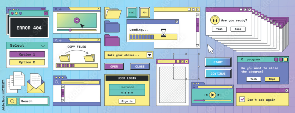 Poster retro computer interface, digital screen with open software windows, buttons, browser, folder, file,