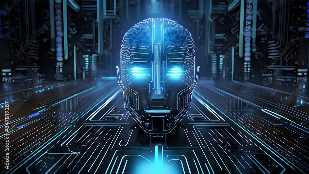 Poster microcircuits with wiring on an electronic board. ai, artificial intelligence concept, electronics a