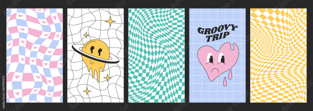 Poster psychedelic checkerboards with distorted grid tile and groovy hippie stickers. checkered seamless pa