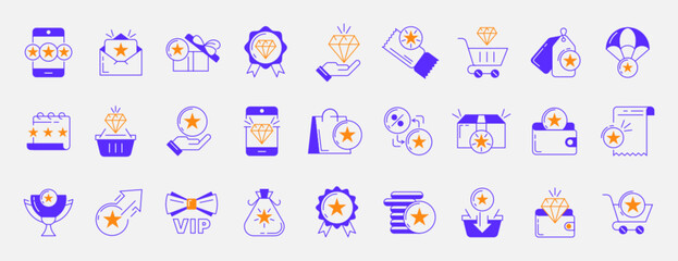 Fototapeta premium Exclusive benefits icon. Loyalty program offer line icons set with bonus card, vip member, discount voucher or tag. Blue linear gift box, sale coupon, reward, shopping basket, stars in wallet and bag.