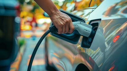 A close-up of a male hand holding an EV charger plugged into the charging port of an electric car, showcasing sustainable transportation and eco-friendly technology