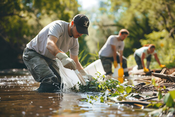 Male and Female Volunteers Cleaning Up Trash in a Wetland Area for Environmental Conservation
