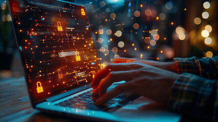 Hand typing on a laptop with holographic warning symbols on screen environment, concept of cybersecurity