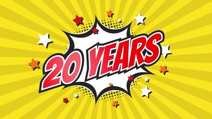 20th twentieth anniversary - 20 twenty years birthday. Animated text on pop colorful background with rotating rays.