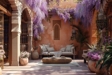 luxury moroccan riad or riyad hotel patio interior design decorated with wisteria in spring