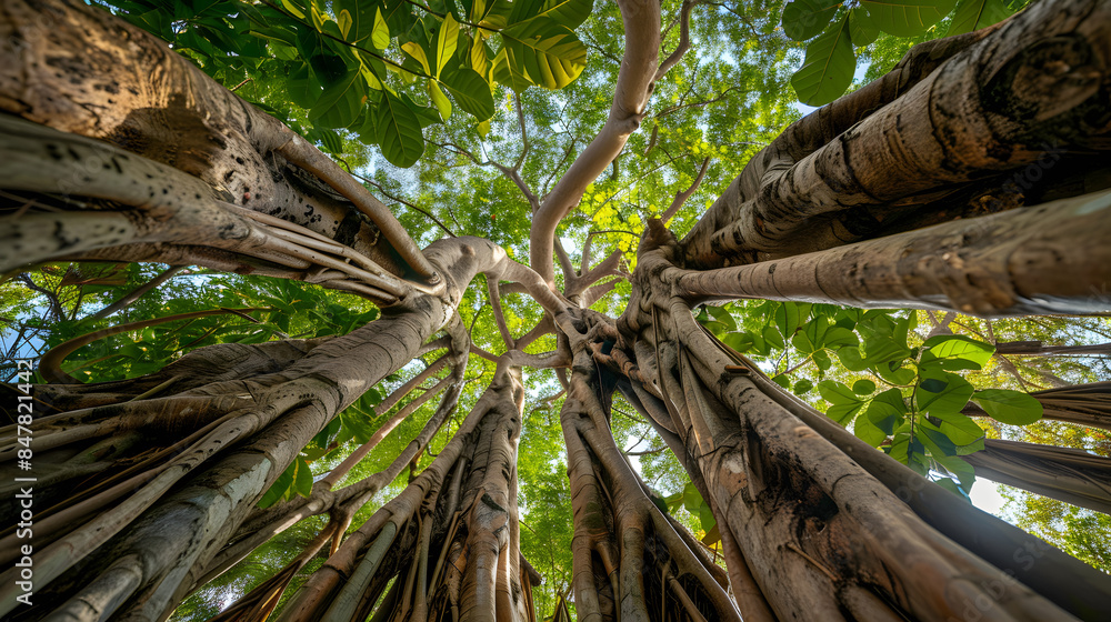 Poster the view from the ground looking up at banyan trees with wide roots, green leaves and thick trunks. 