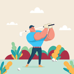 illustration of a man playing golf on a green field. Flat design style characters