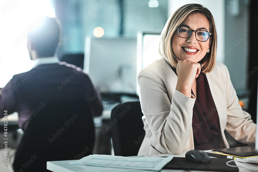 Poster woman, smile and portrait on computer in office for research, information and planning for project d