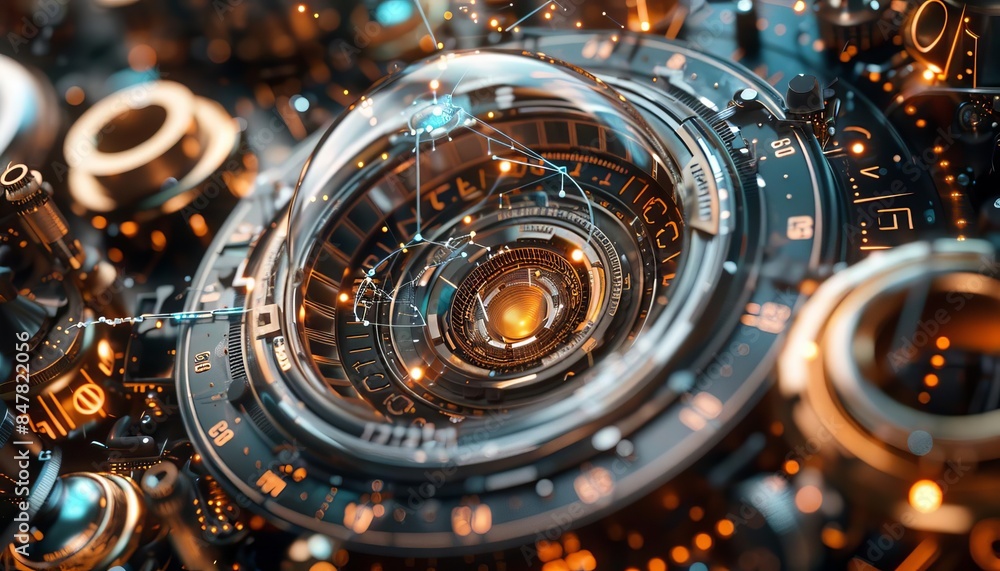 Poster futuristic mechanical gears and components forming a complex, intricate pattern, showcasing advanced