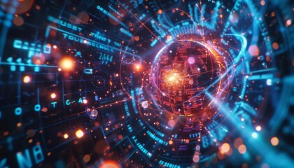 Obraz premium Futuristic digital technology background with glowing data and complex network connections, symbolizing advanced computing and innovation.