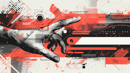 Illustration Hand points to Search bar. Find information in internet browser. Data base. Seo marketing concept