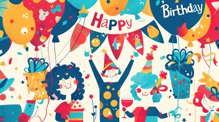 Obraz premium Birthday party illustration background with Happy birthday text. colorful balloon decorations and festive confetti banners. 