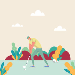 illustration of a man playing golf on a green field. Flat design style characters