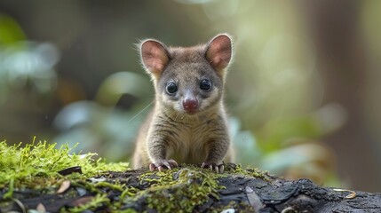 Obraz premium A baby animal with a fuzzy face is standing on a mossy log