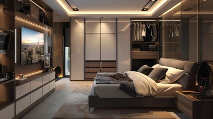 A contemporary master bedroom with modular wardrobes and a retractable TV panel, offering flexibility and versatility in a modern living space designed for comfort and convenience.