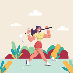 illustration of a woman playing golf on a green field. Flat design style characters