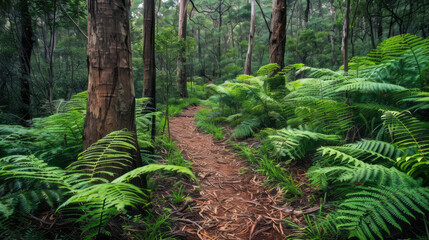 Obraz premium Nature trail through lush forest with tall trees and ferns