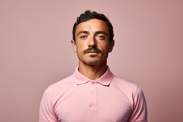 Obraz premium Portrait of a glad man in his 30s wearing a breathable golf polo in front of pastel or soft colors background