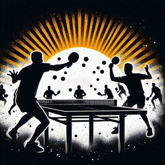 A silhouette illustration of a table tennis match in a distressed style.