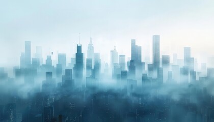 A foggy city skyline at dawn, with towering skyscrapers partially shrouded in mist, creating a mysterious and ethereal urban landscape.
