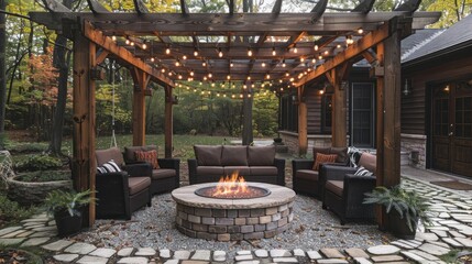 Backyard fire pit with 4x4 posts in planters with Edison bulbs strung from them