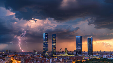 Dramatic skyline with lightning over modern city buildings