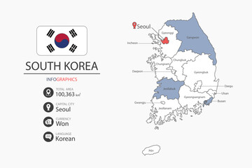 South Korea map infographic elements with flag of city. Separate of heading is total areas, Currency, Language and the capital city in this country.