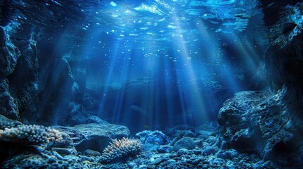 Tranquil undersea environment with a blue sunbeam illuminating the deep water abyss