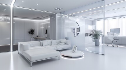 A futuristic minimalistic living room with sleek white furniture, metallic accents, and integrated smart home technology. A translucent partition separates the seating area from a home office.