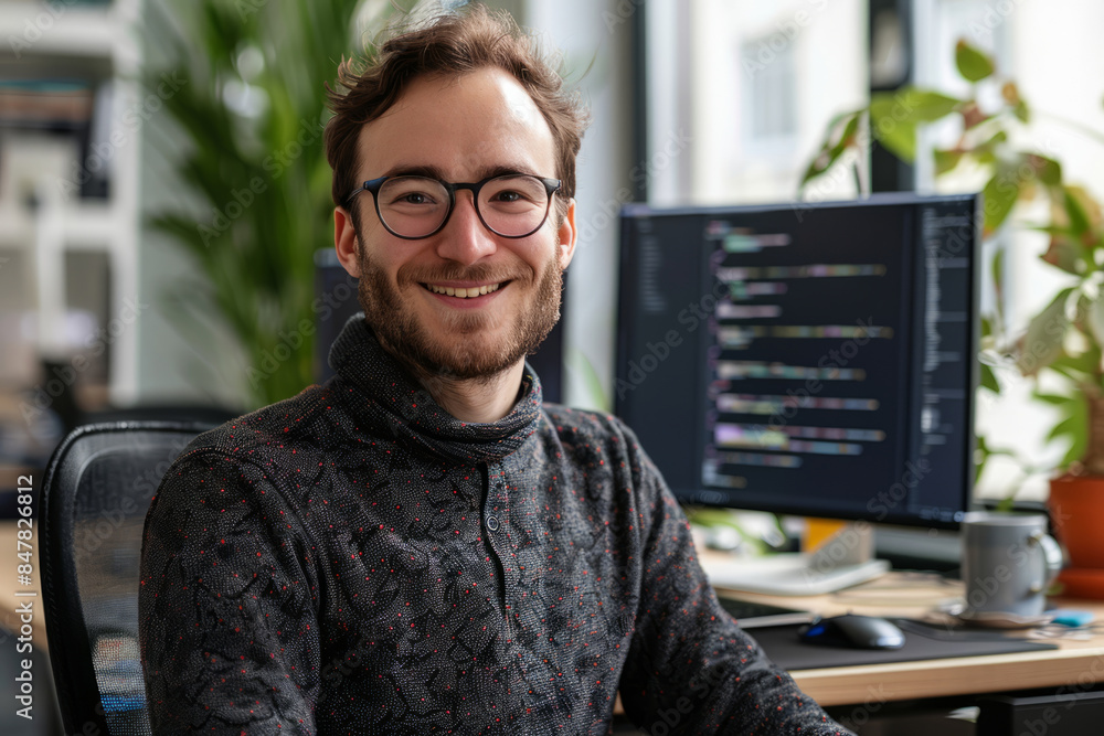 Poster portrait of a successful software developer in an office setting